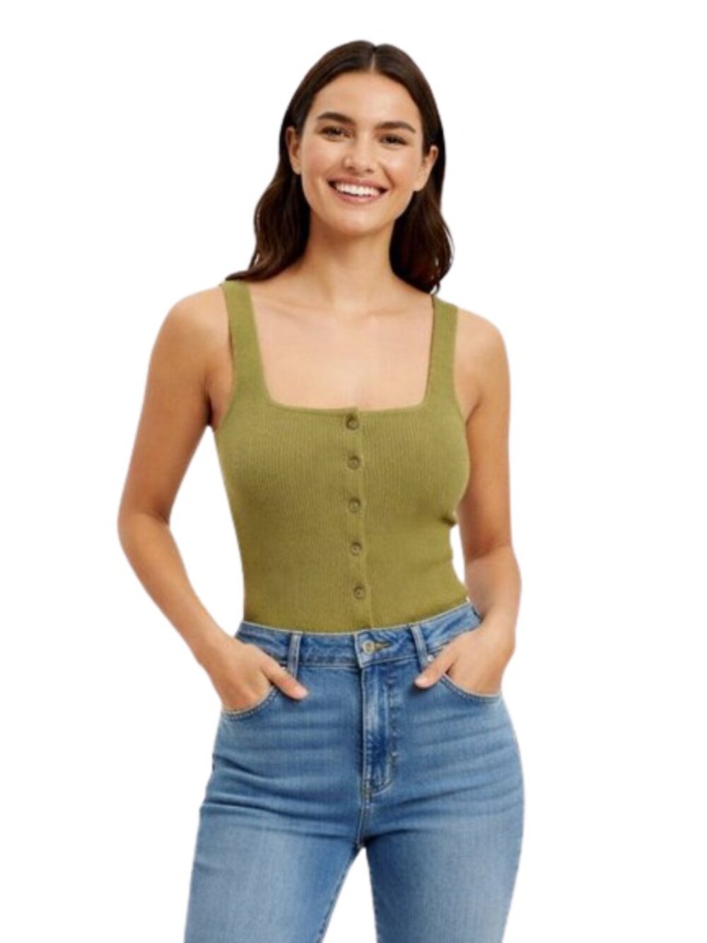 ZARA Pistachio Green Textured Button Down Square Neck Tank Top Size Medium